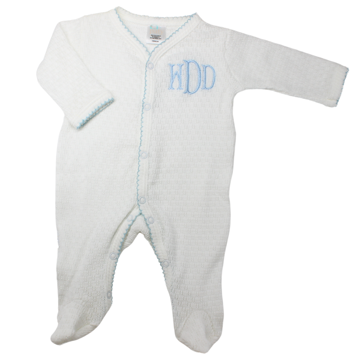 A white and blue knitted baby boy sleeper with footies, monogrammed with 