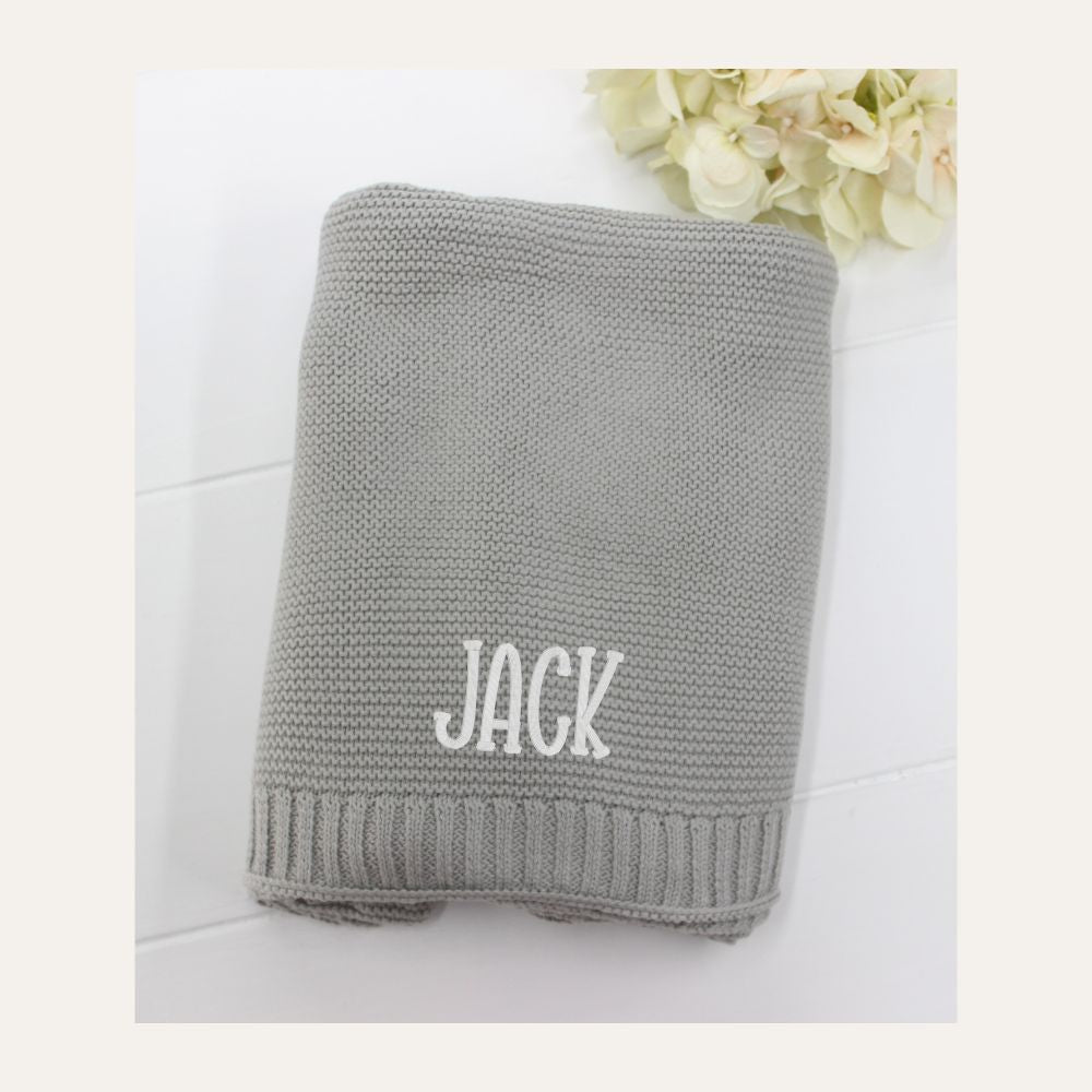 Grey Knitted Baby Blanket Personalized