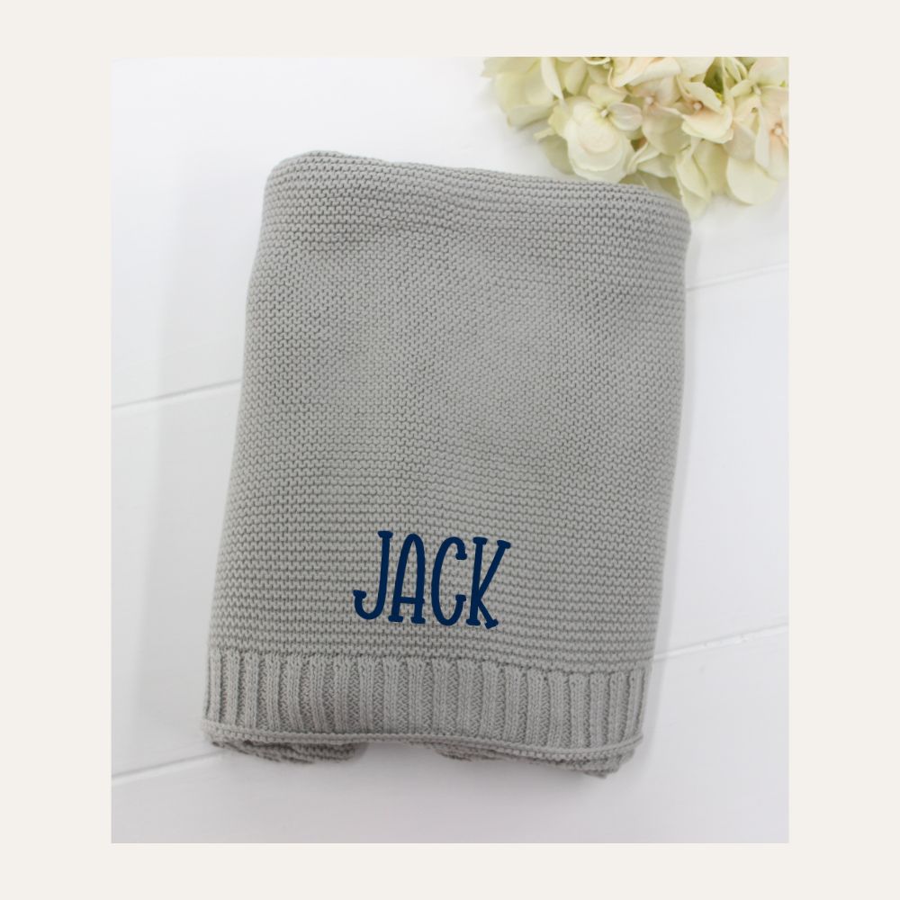 Grey Knitted Baby Blanket Personalized