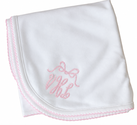 Girls White Pink Receiving Baby Blanket Pima Cotton