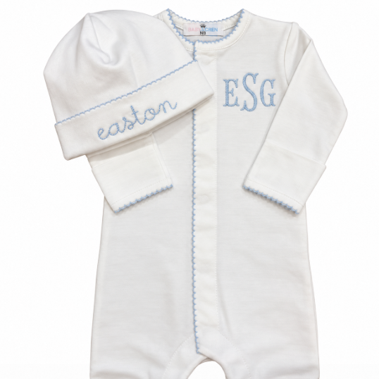 Boys White Footie Take Home Outfit Blue Trim | Baby Loren