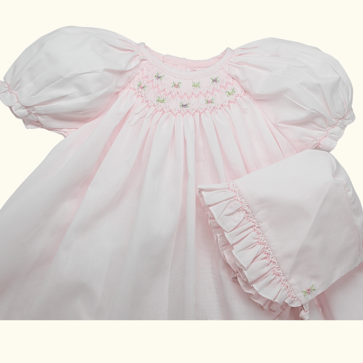 Petit Ami Newborn Girls Pink Smocked Daygown &amp; Bonnet