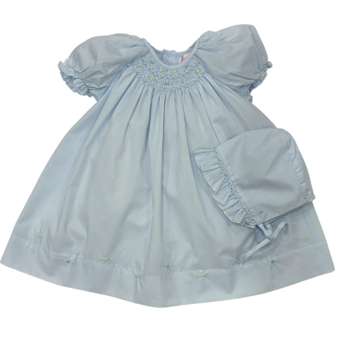 Newborn Girls Blue Smocked Daygown Dress & Bonnet Set