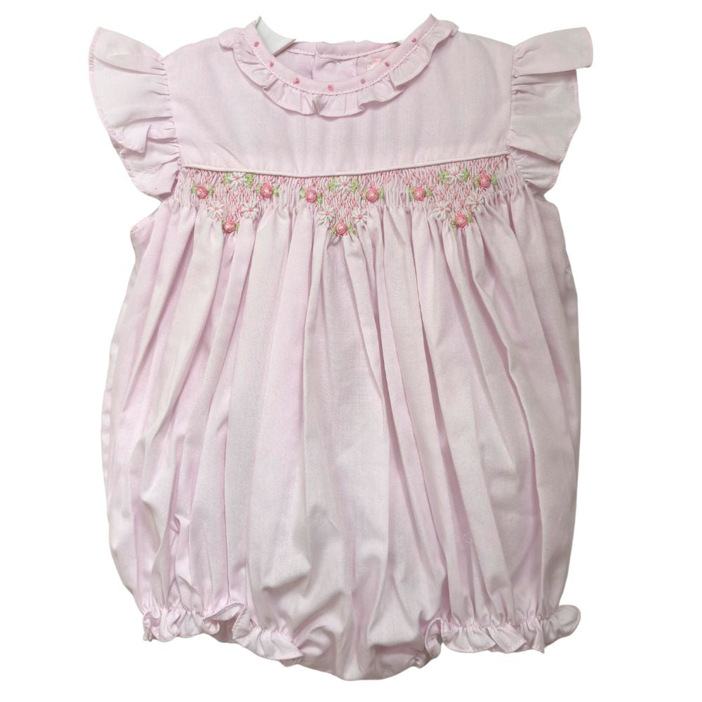 Baby Girls Pink Smocked Bubble Outfit Sleeveless | Petit Ami