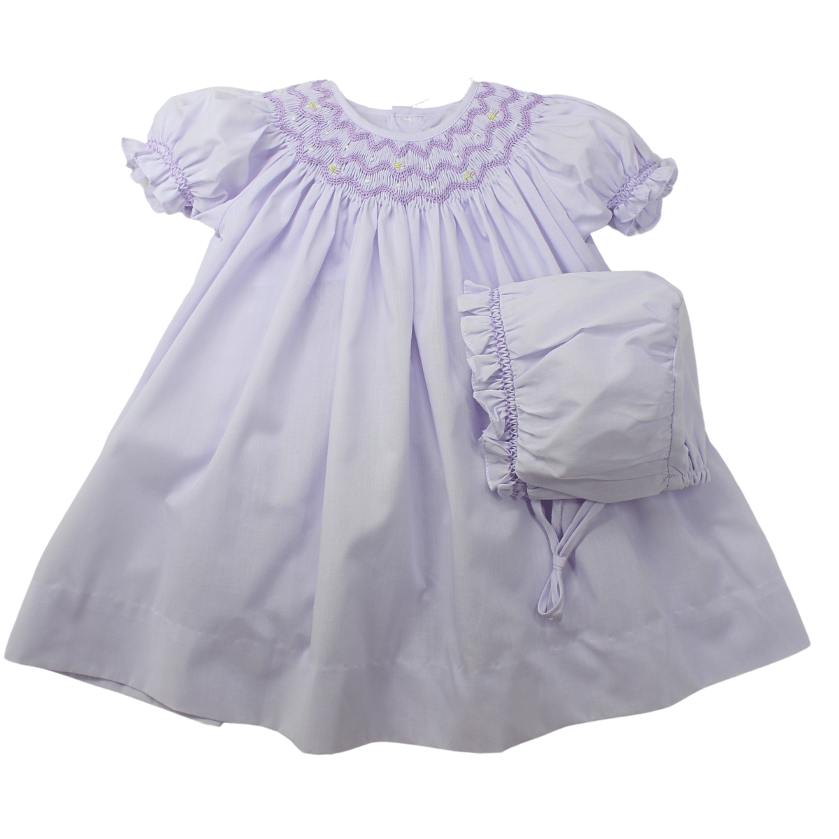 Girls Lavender Smocked Bishop Dress with Bonnet