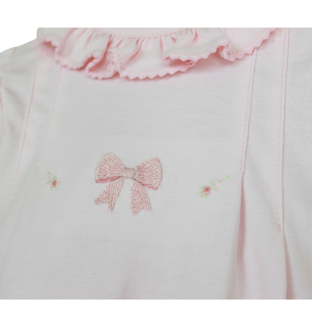 Baby Girls Pink Romper Ruffle Neck Embroidered Bow