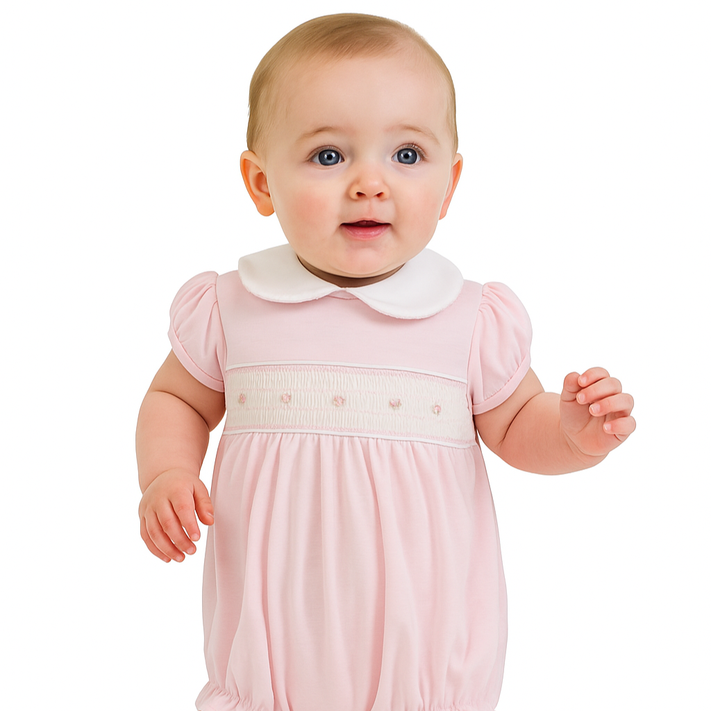 Baby Loren Girls Pink Smocked Onesie Romper with Peter Pan Collar