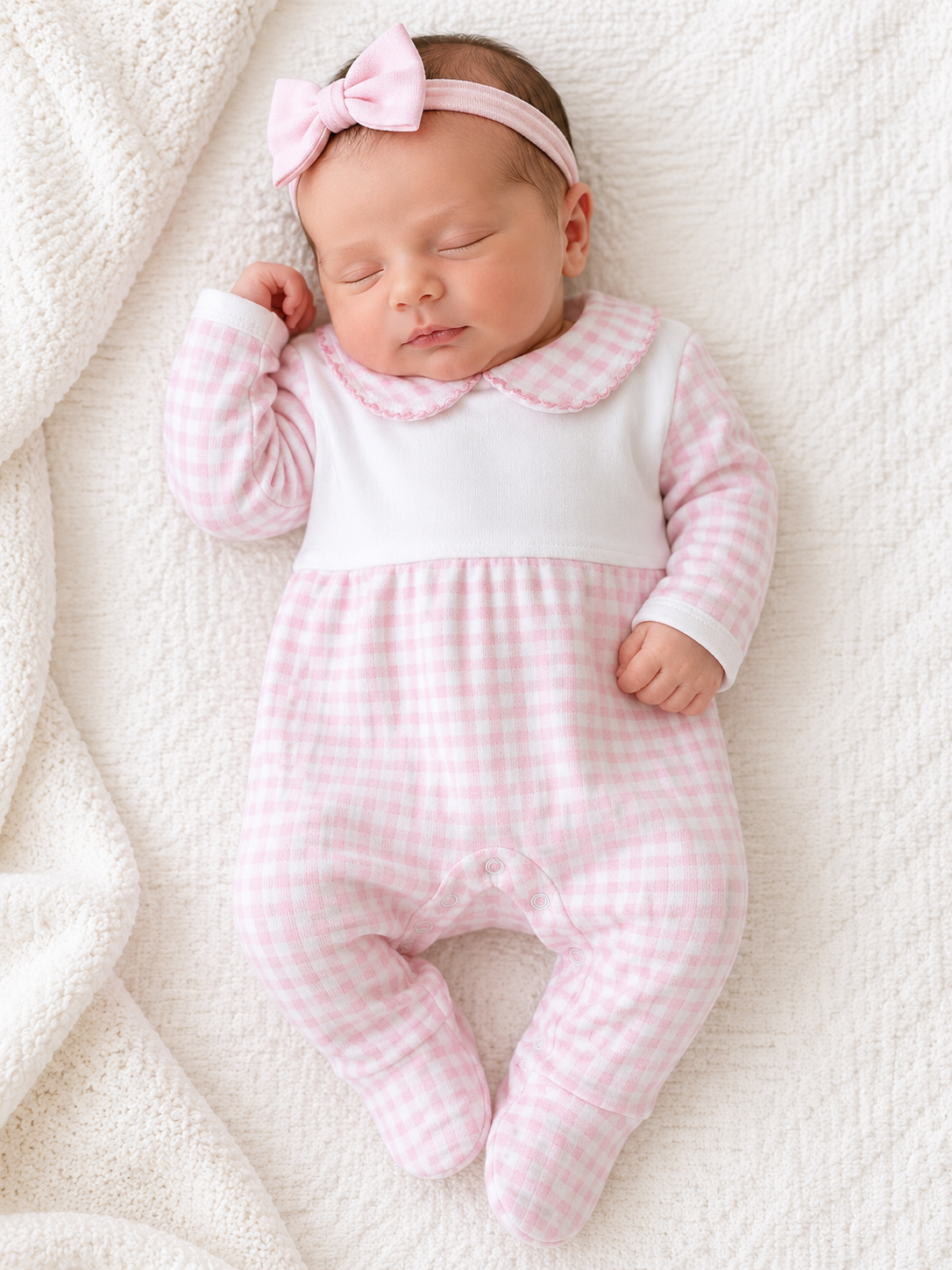 Baby Girls White Pink Footed Onesie Pink Gingham Check