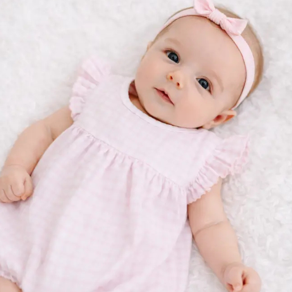 Magnolia Baby Girls Pink Gingham Bubble Outfit Angel Wing Sleeves
