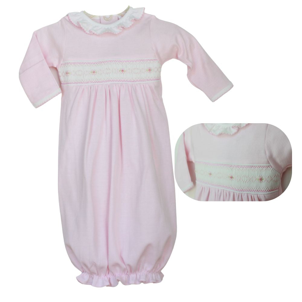 Girls Pink Stripes Take Home Gown Smocked with Ruffle Neck | Baby Loren