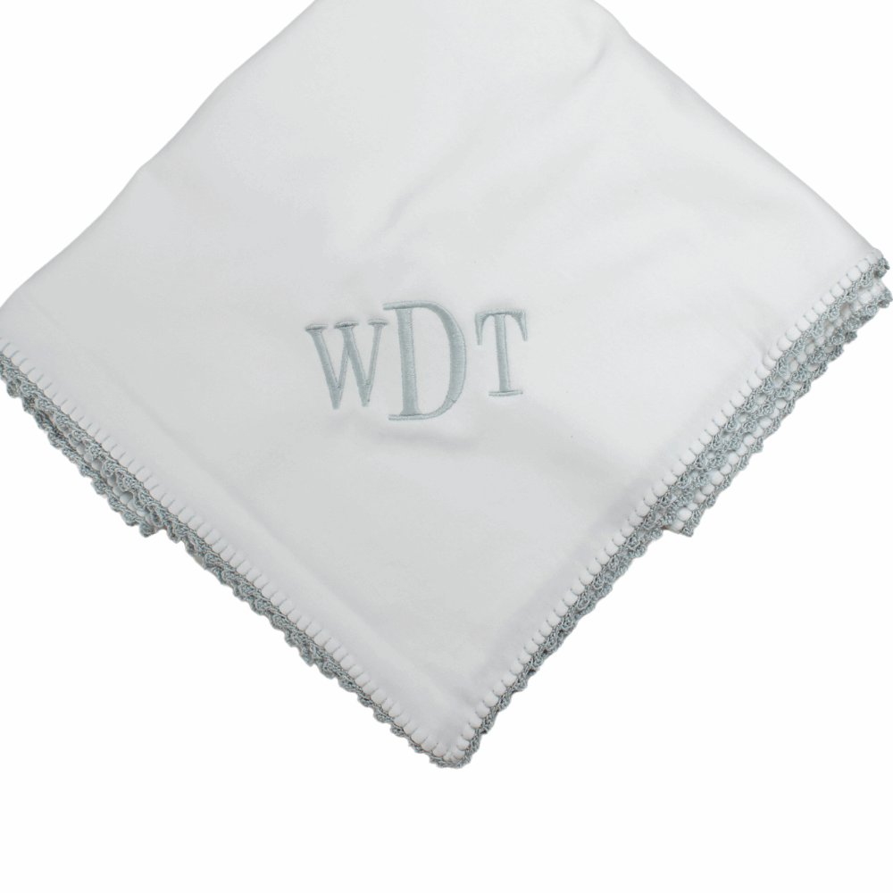 Boys Receiving Blanket White Blue Crochet Trim