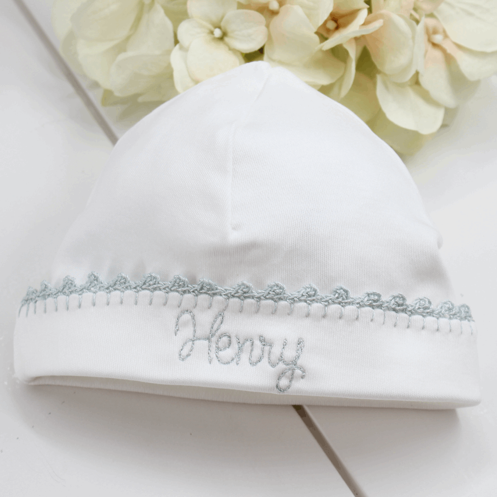 Baby Boys White Blue Take Home Beanie Hat Crochet Trim