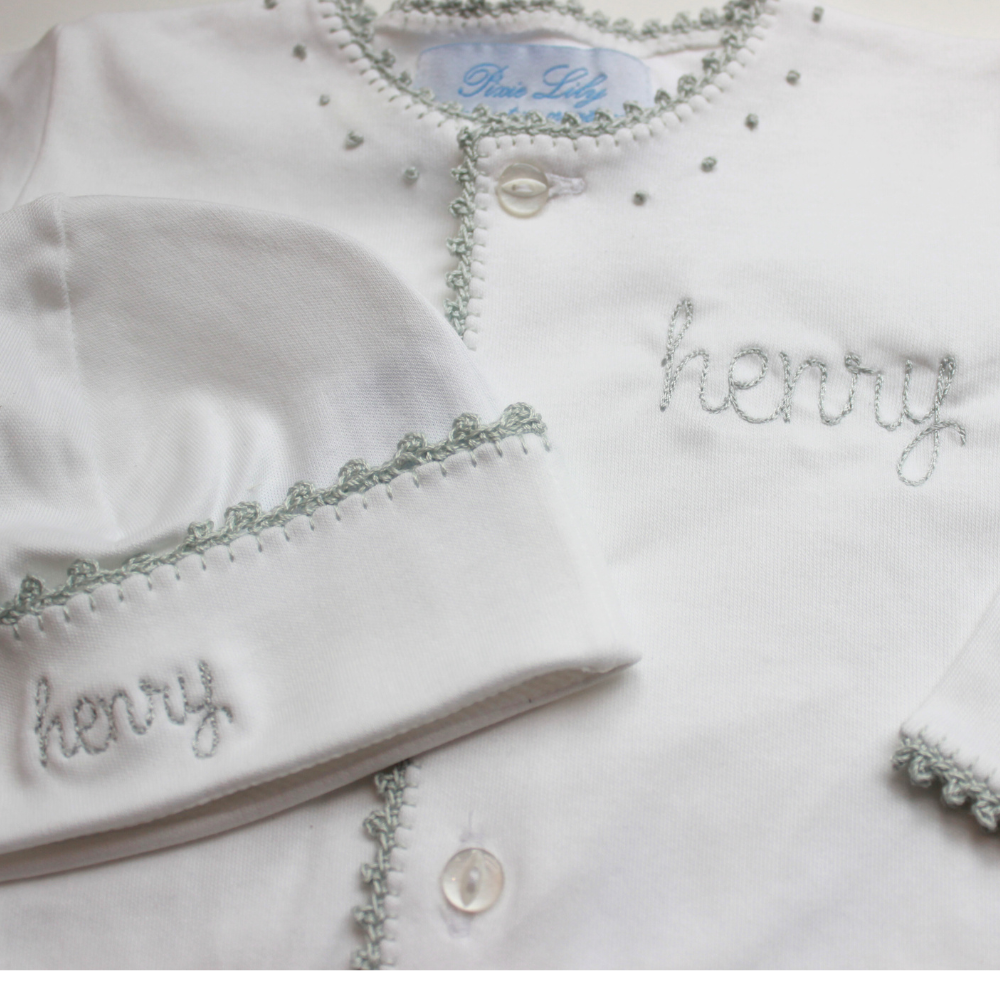 newborn boys white footed onesie blue crochet trim by Pixie Lily