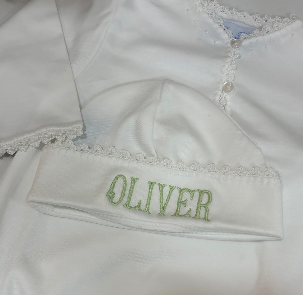 Unisex White Sack Gown Drawstring Hem Crochet Trim