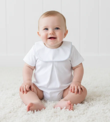 Baby Loren Boys Bubble Outfit White Blue with Bib Collar