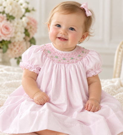 Baby Girls Pink Smocked Bishop Dress | Petit Ami