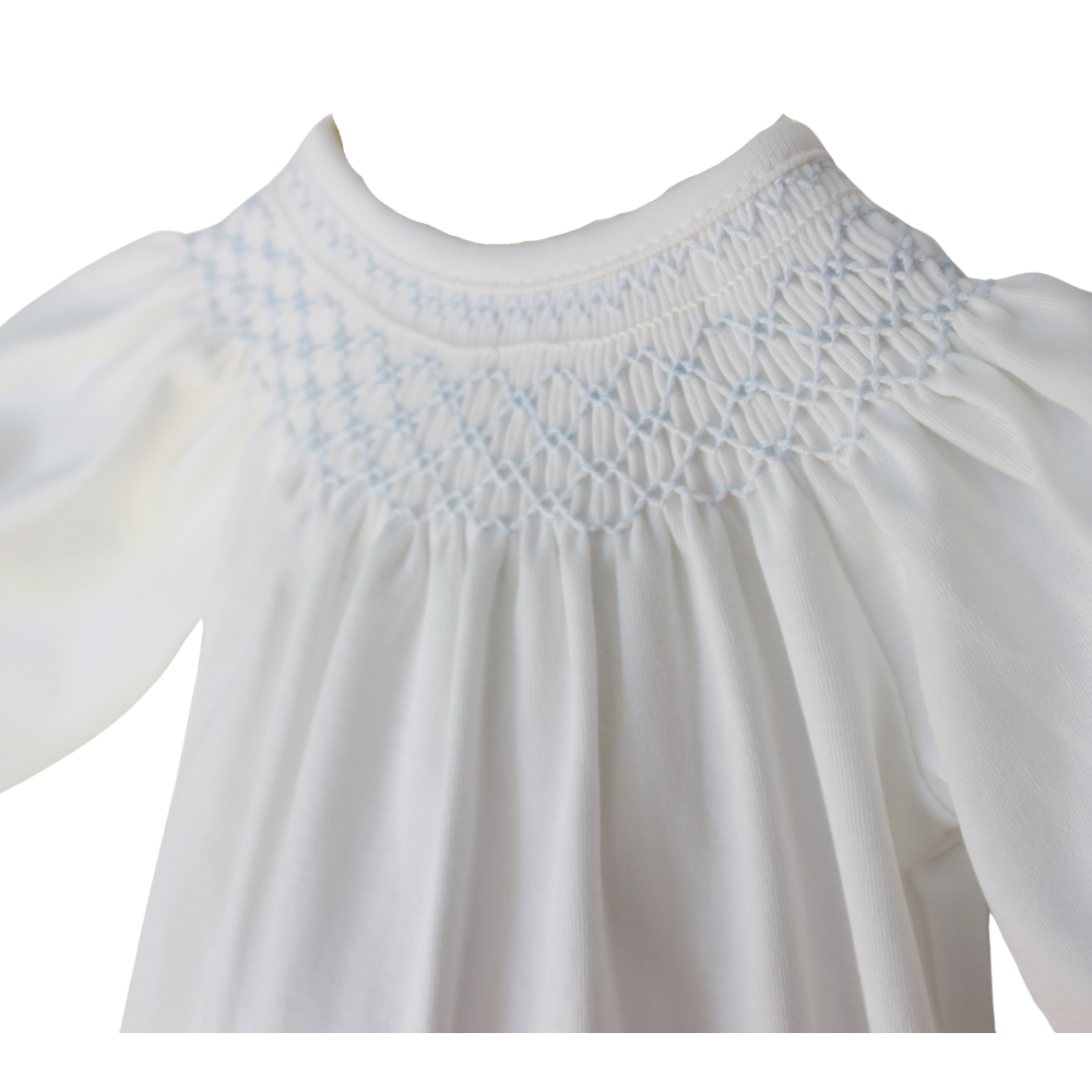 Girls White Footed Onesie Blue Smocking | Baby Loren