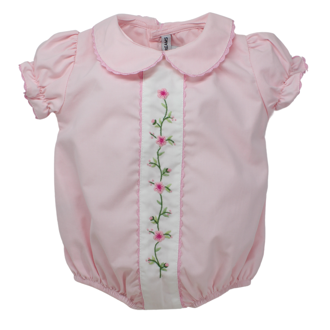 Baby Girls Pink Bubble Outfit Embroidered Flowers | Sweet Dreams
