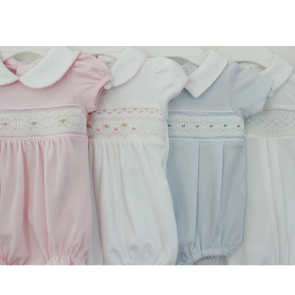 Baby Loren Girls Pink Smocked Onesie Romper with Peter Pan Collar