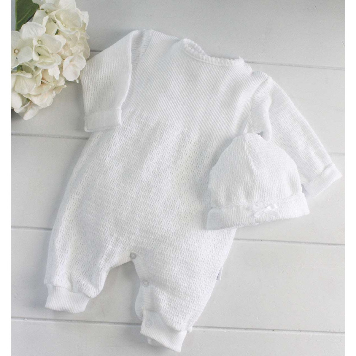 White Unisex Layette Romper Knitted