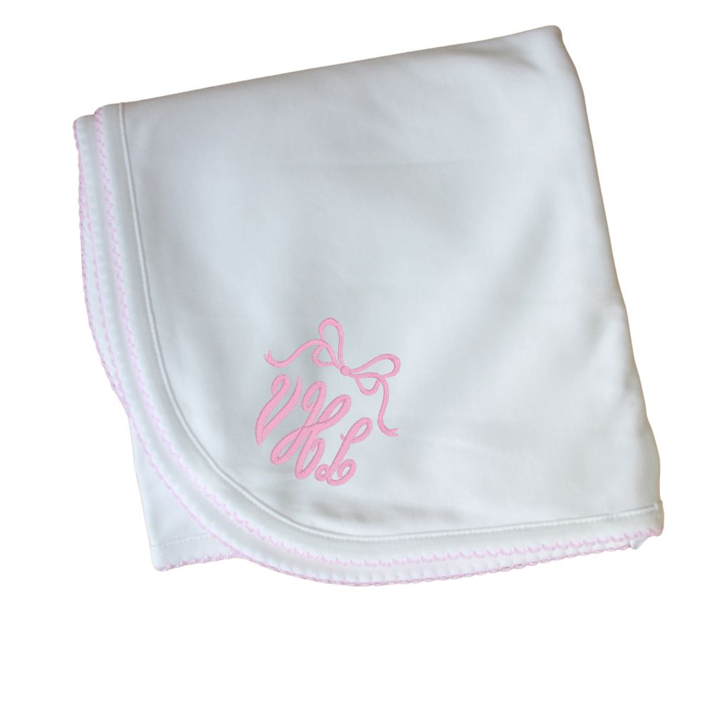 Girls White Pink Receiving Baby Blanket Pima Cotton