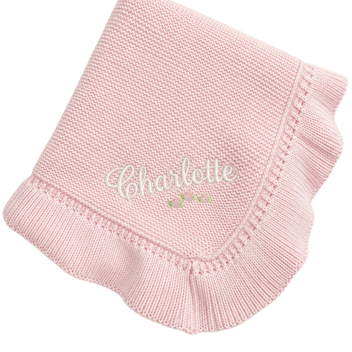 Personalized Baby Girls Pink Knitted Blanket Ruffle Trim