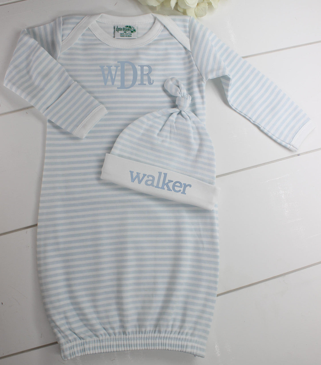 Baby Boys Blue Stripe Gown with Knot Hat Layette Set
