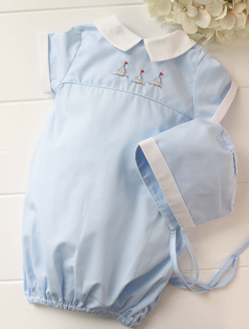 Baby Boys Blue Sailboat Gown &amp; Bonnet Layette Set