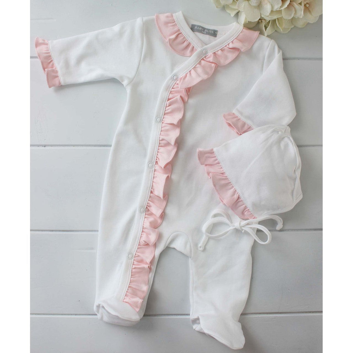 Baby Girls Kimono Footed Onesie Sleeper White Pink Ruffle