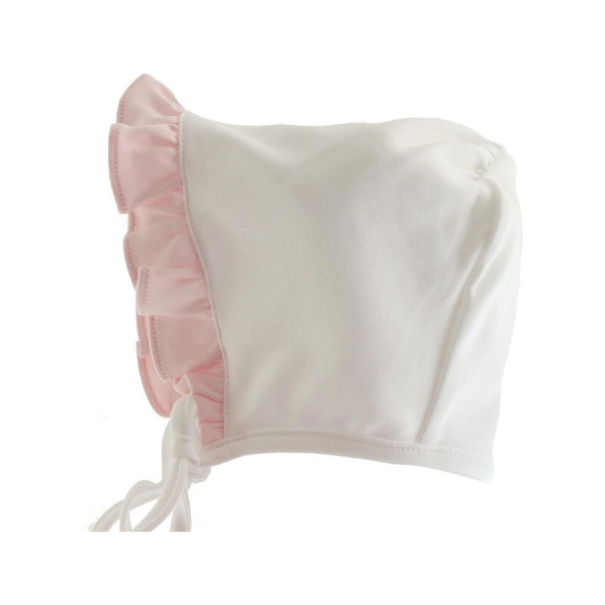 Baby Girls White Bonnet Pink Ruffle Trim Pima Cotton