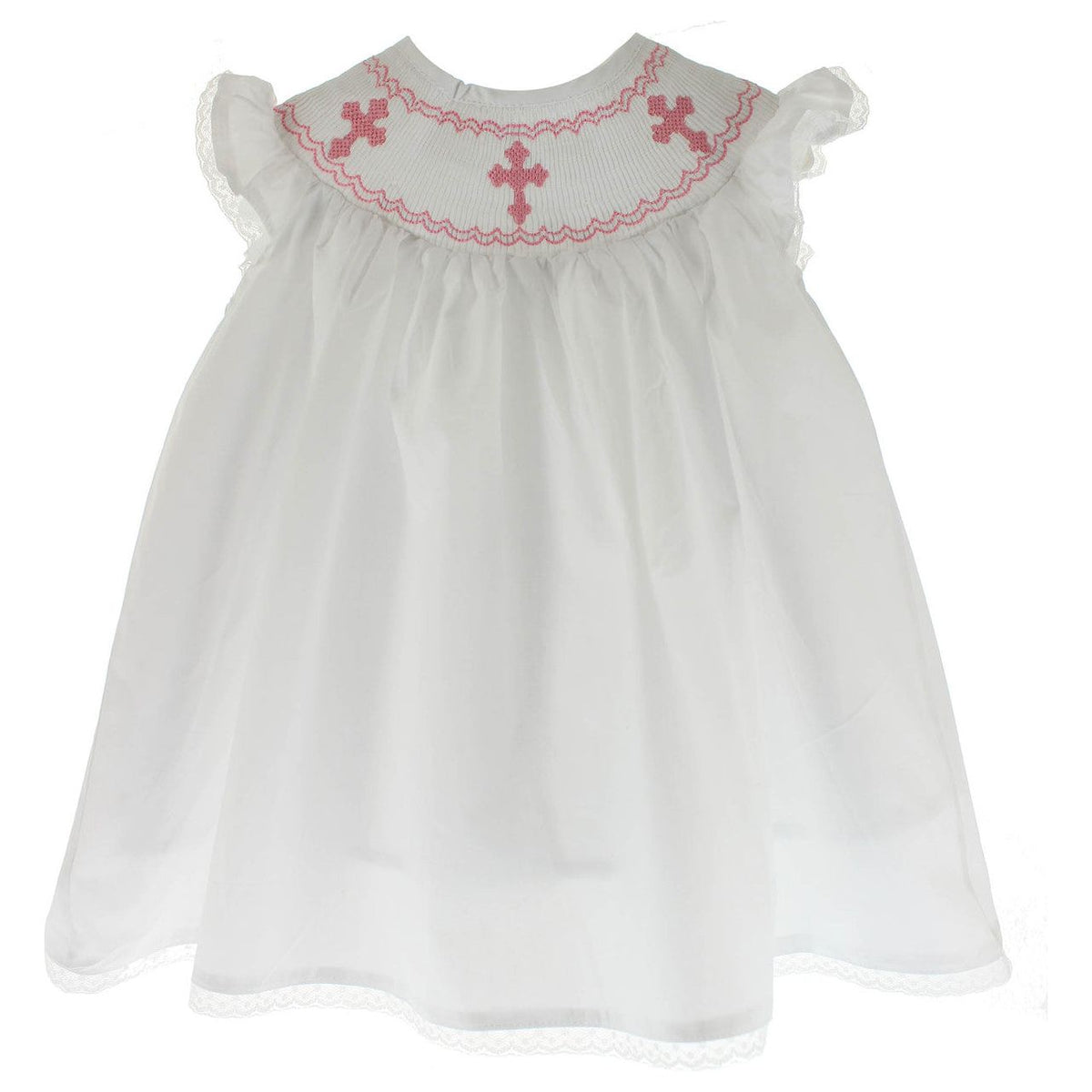 Girls White Dress Pink Smocked Crosses Christening Outfit