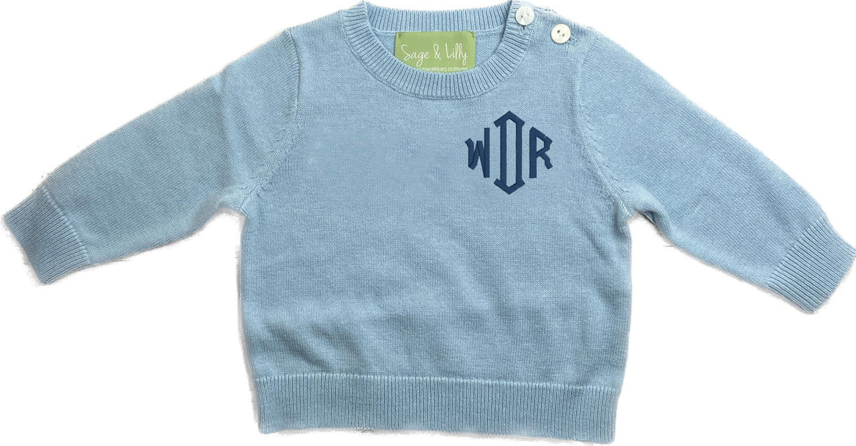 Baby Boys Monogram Sweater Light Blue Crewneck Knitted