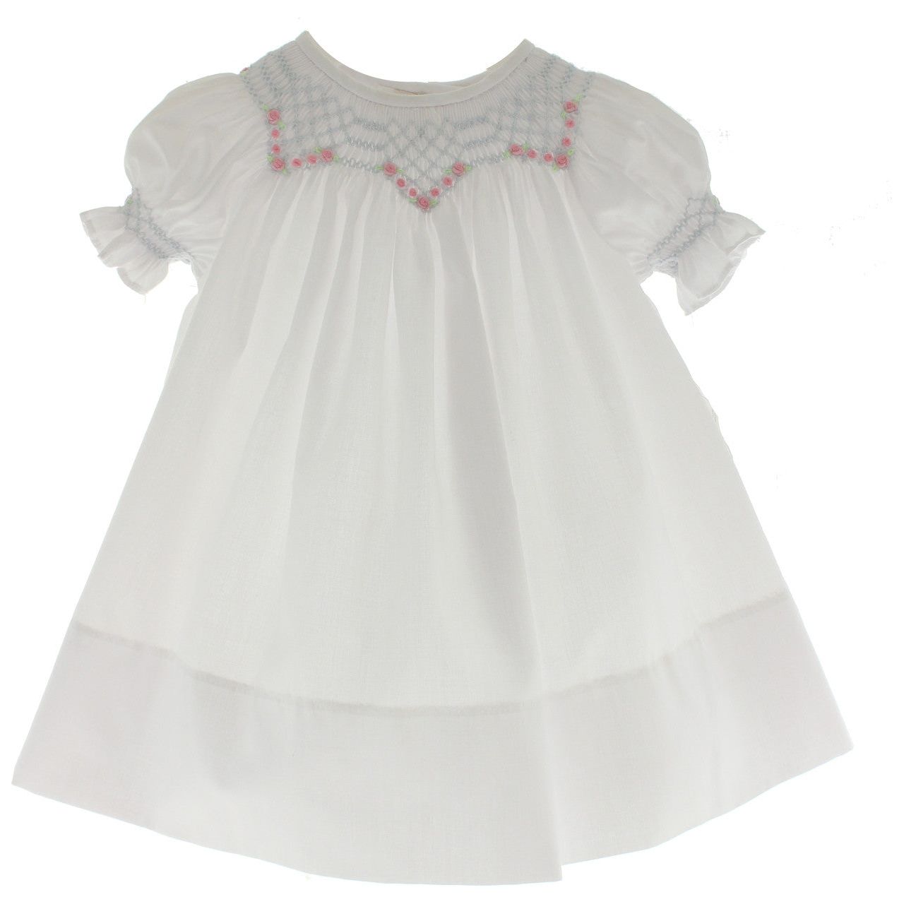 Baby Girls White Dress Blue Smocking Pink Flowers