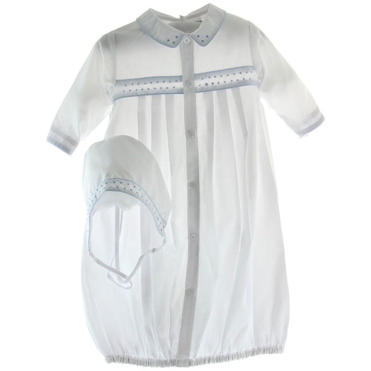 Newborn Boys White & Blue Take Home Gown Bonnet Set | Feltman
