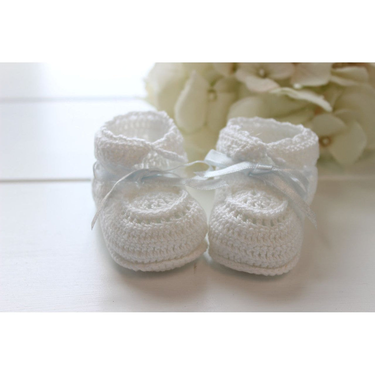 Boys Baby Booties White Crochet Blue Bow