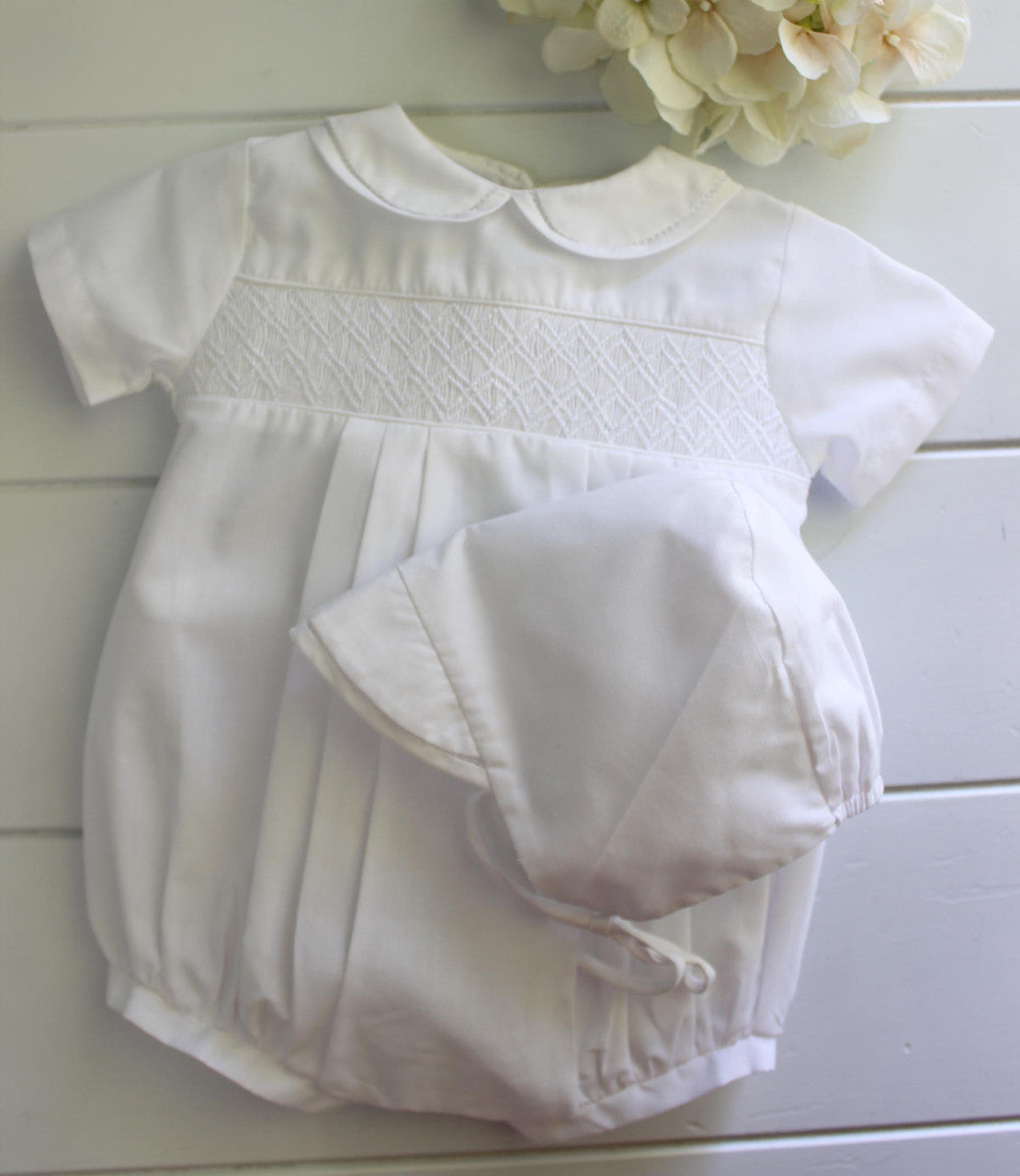 Newborn Boys White Smocked Bubble Outfit &amp; Bonnet Set | Petit Ami