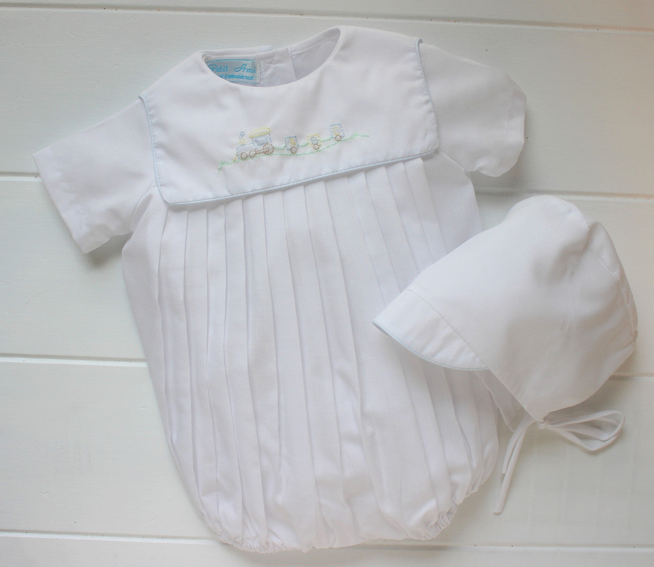 Newborn Boys White Train Bubble Take Home Outfit Hiccups