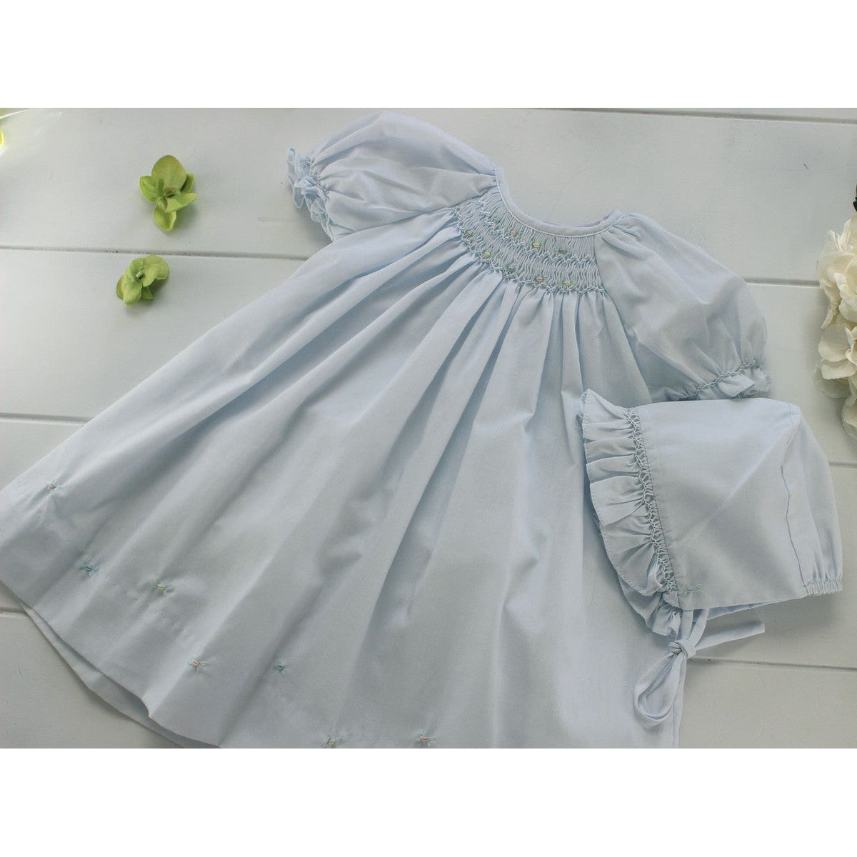 Newborn Girls Blue Smocked Daygown Dress &amp; Bonnet Set