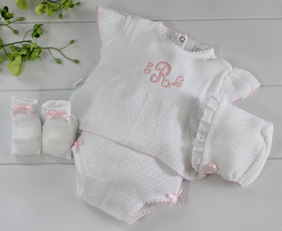 Newborn Girls Diaper Set White &amp; Pink Knit