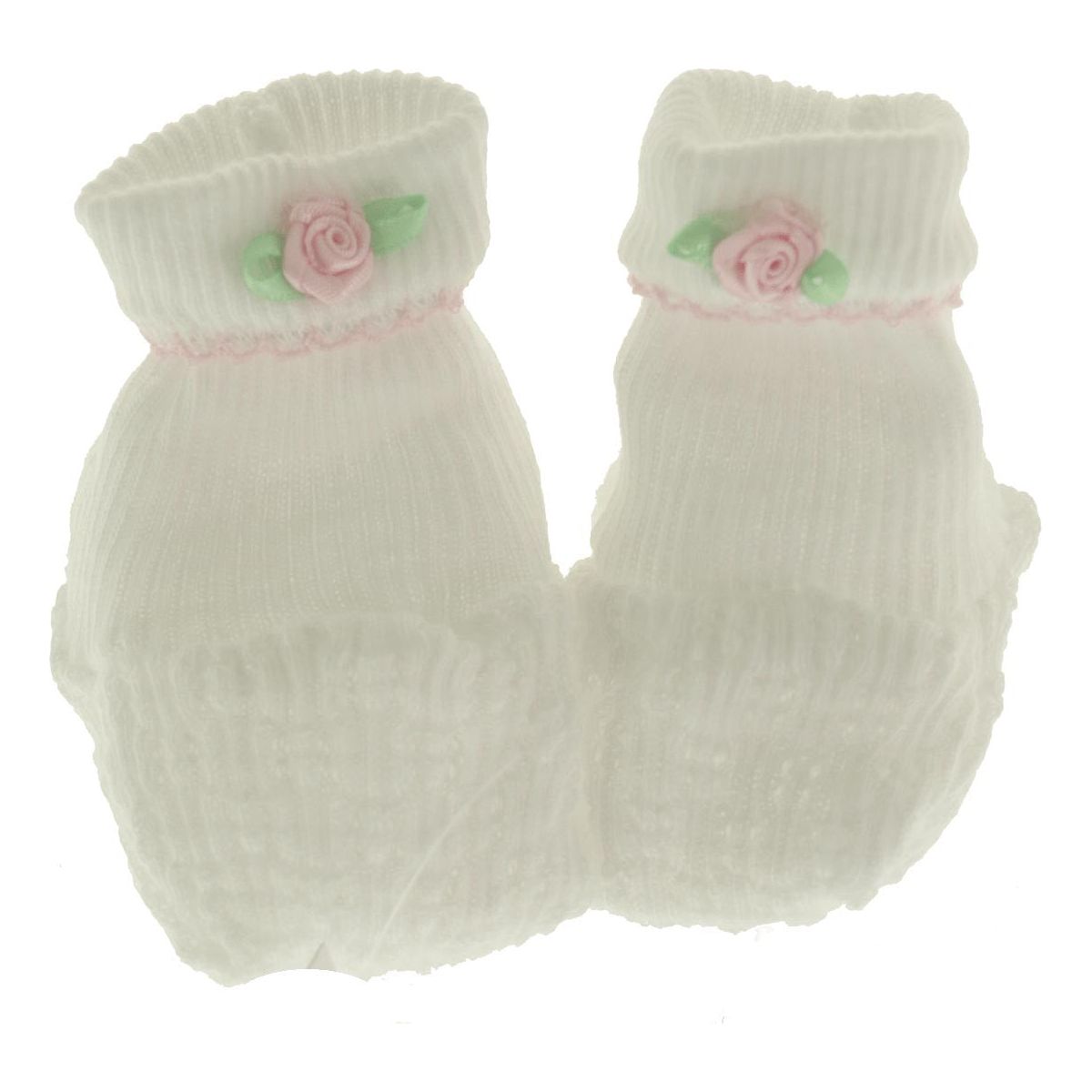 Newborn Girls White Cotton Baby Booties with Rose