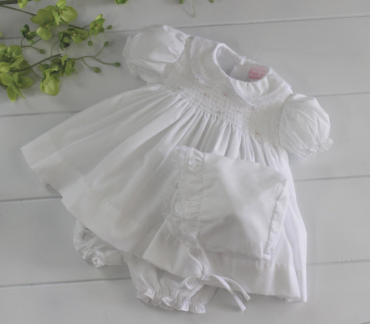 White Newborn Baby Girls Dress & Bonnet with Lace