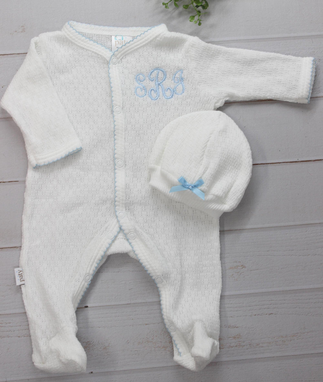 Paty Baby Boys Footie Sleeper White Blue Knit Take Home Outfit