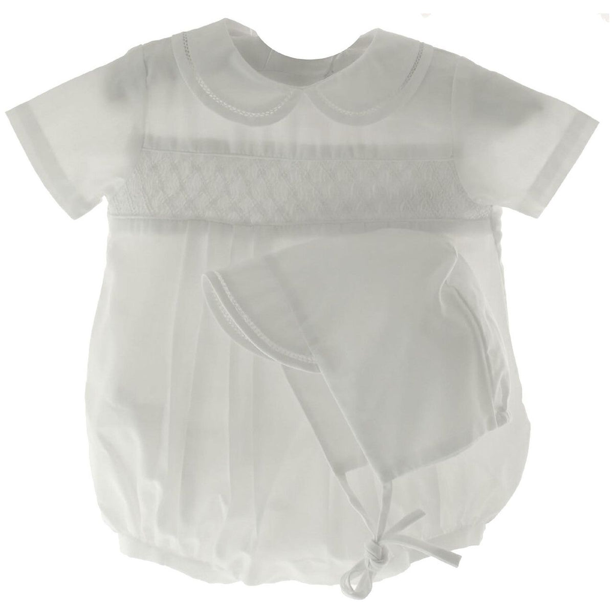 Newborn Boys White Smocked Bubble Outfit &amp; Bonnet Set | Petit Ami