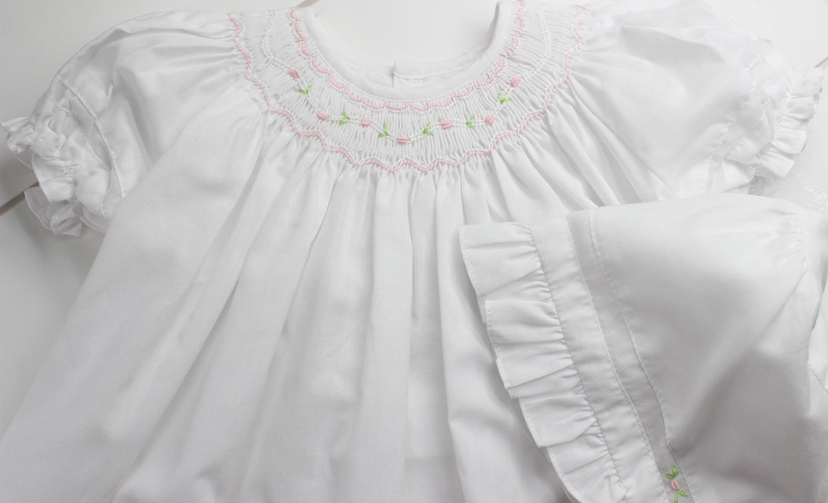 Girls White Smocked Daygown Dress &amp; Bonnet Pink Flowers
