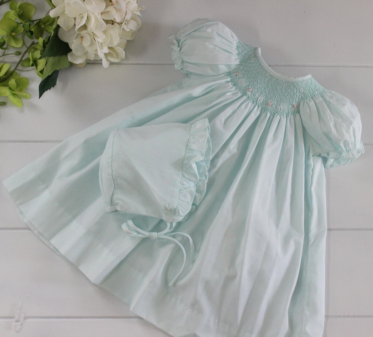 Baby Girls Mint Green Smocked Day Dress & Bonnet Baby Girls Mint Green Smocked Day Dress & Bonnet