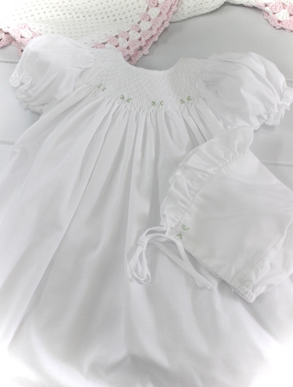 Baby Girls White Smocked Daygown and Bonnet Petit Ami NB