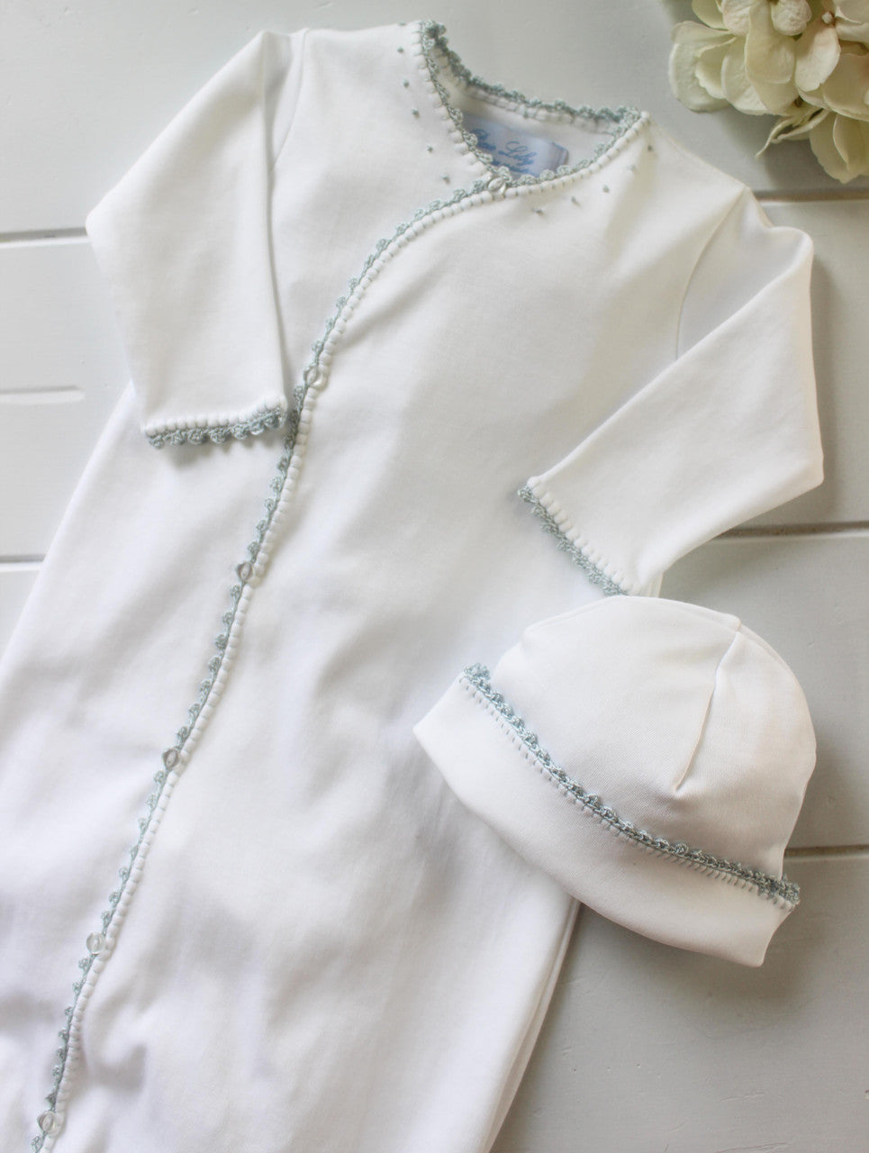 Baby Boys White Layette Gown Blue Crochet Trim