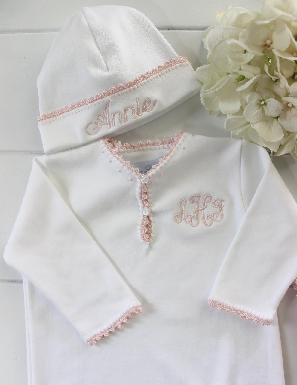 Baby Girls Take Home Gown Drawstring Hem White Pink