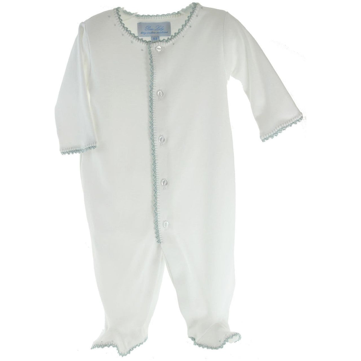 Pixie Lily Boys Footed Layette Sleeper White Blue Crochet Trim