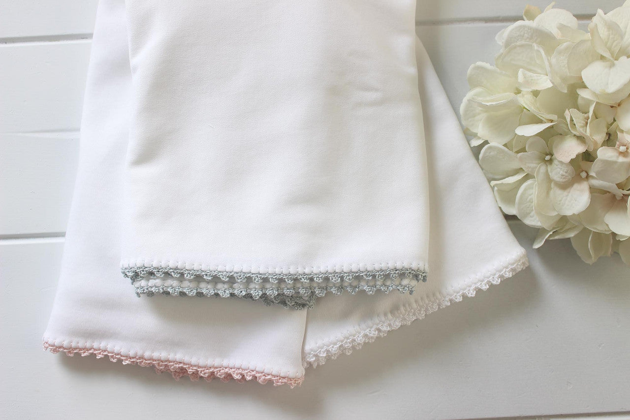 white lily crochet blanket Pixie Lily Boys Receiving Blanket White Blue Crochet Trim Newborn